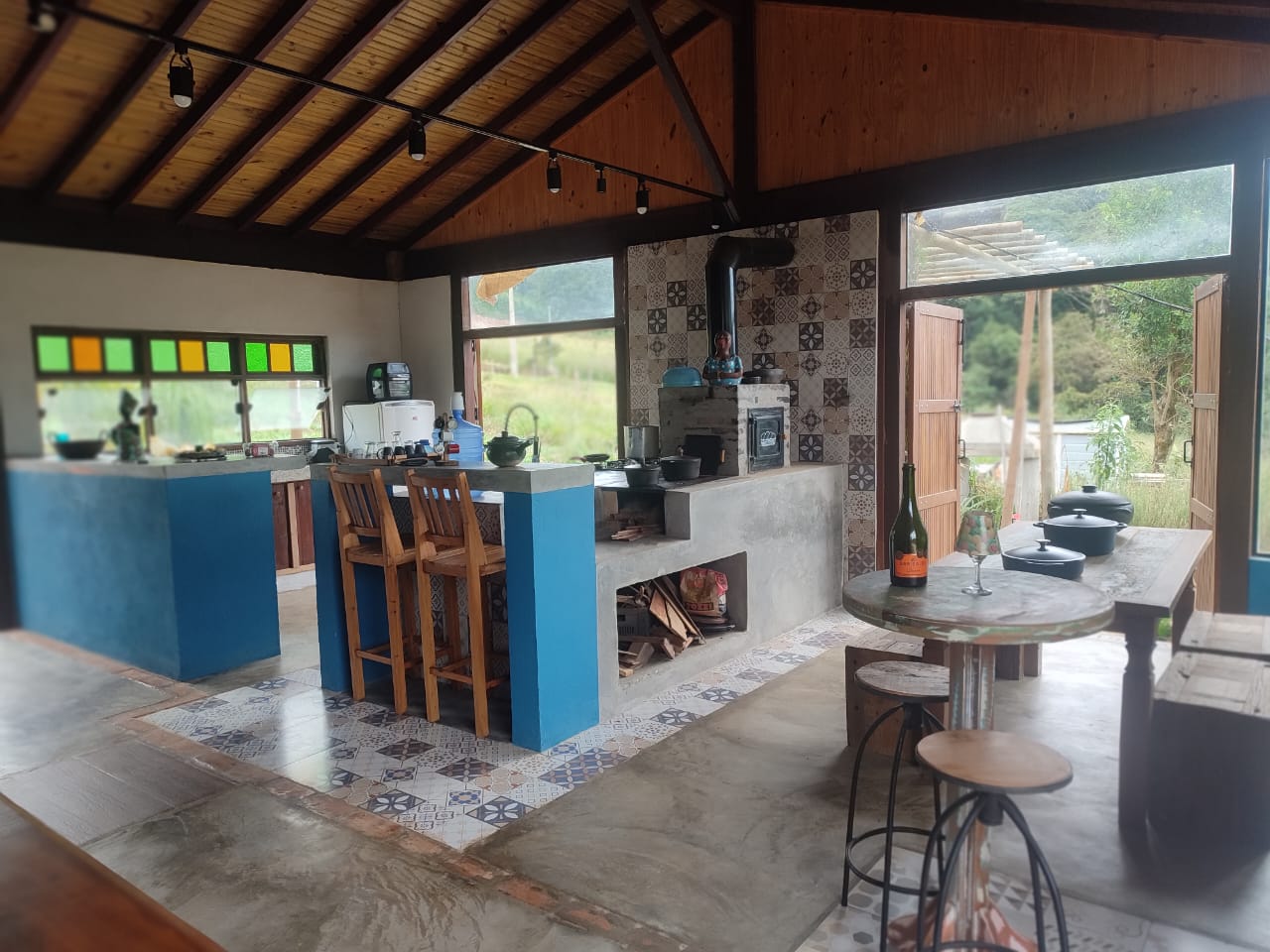 Community kitchen and fireplace